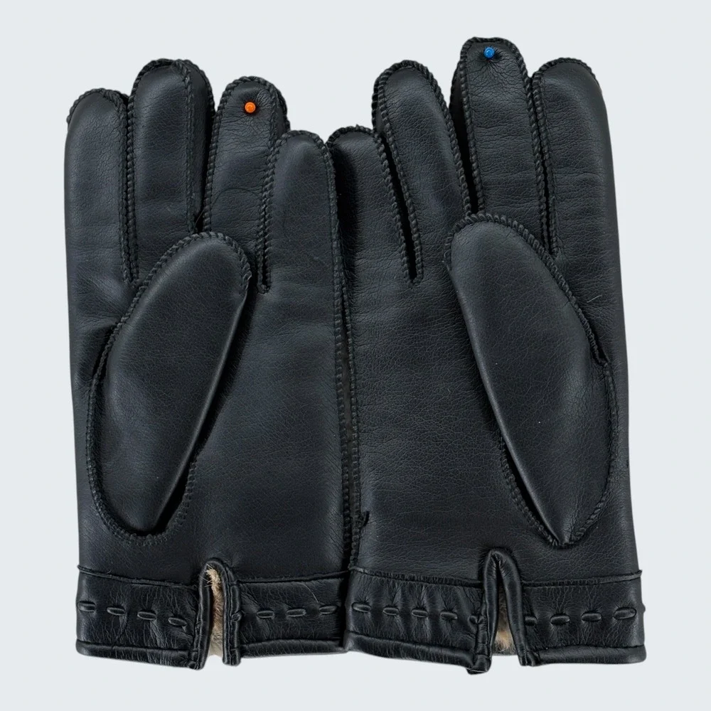 Leather Unisex Gloves Size M Black Dress Soft Rabbit Fur Lined Cuffs Classic